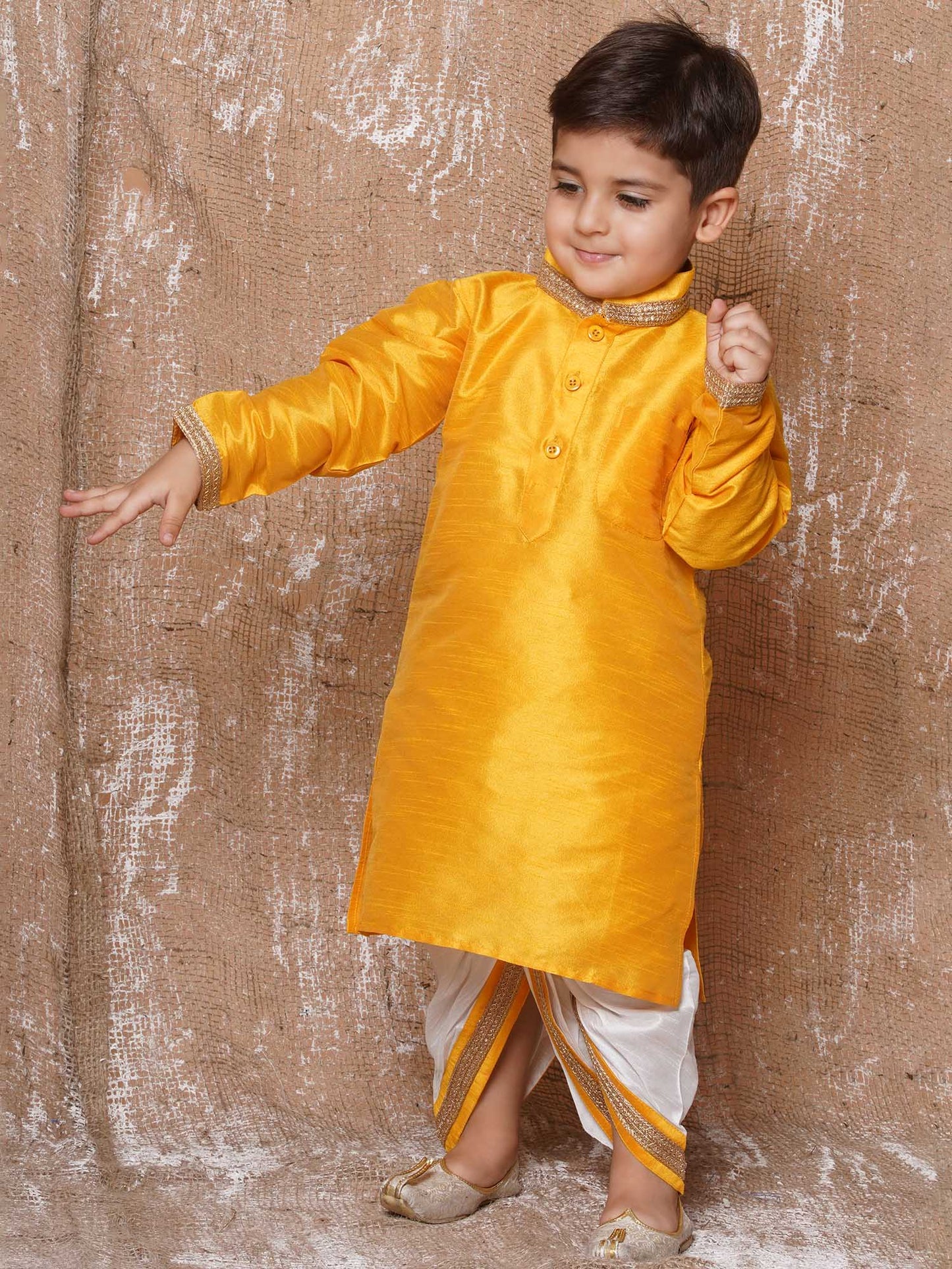 Kids Boys Yellow Solid Silk Blend Dhoti Set