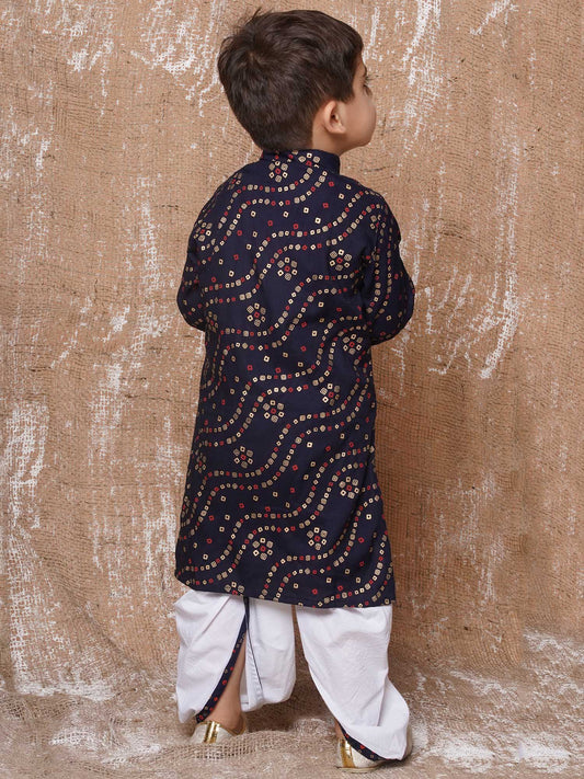 Kids Boys Navy Blue Bandhani Print Pure Cotton Dhoti Set