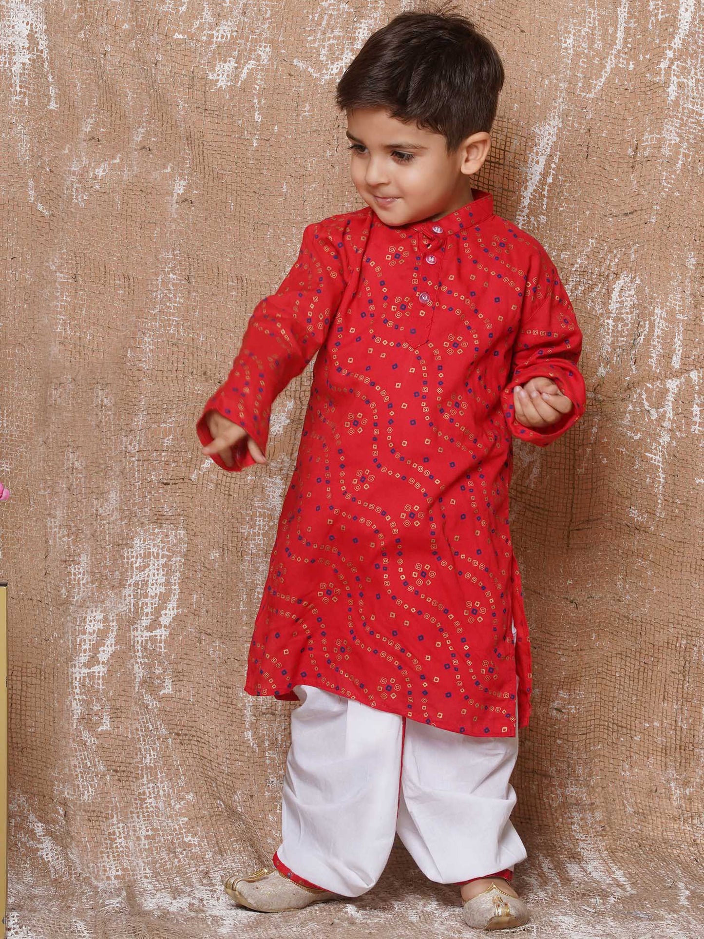 Kids Boys Red Bandhani Print Pure Cotton Dhoti Set