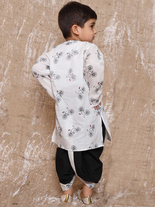 Kids Boys Black Cycle Print Pure Cotton Dhoti Set
