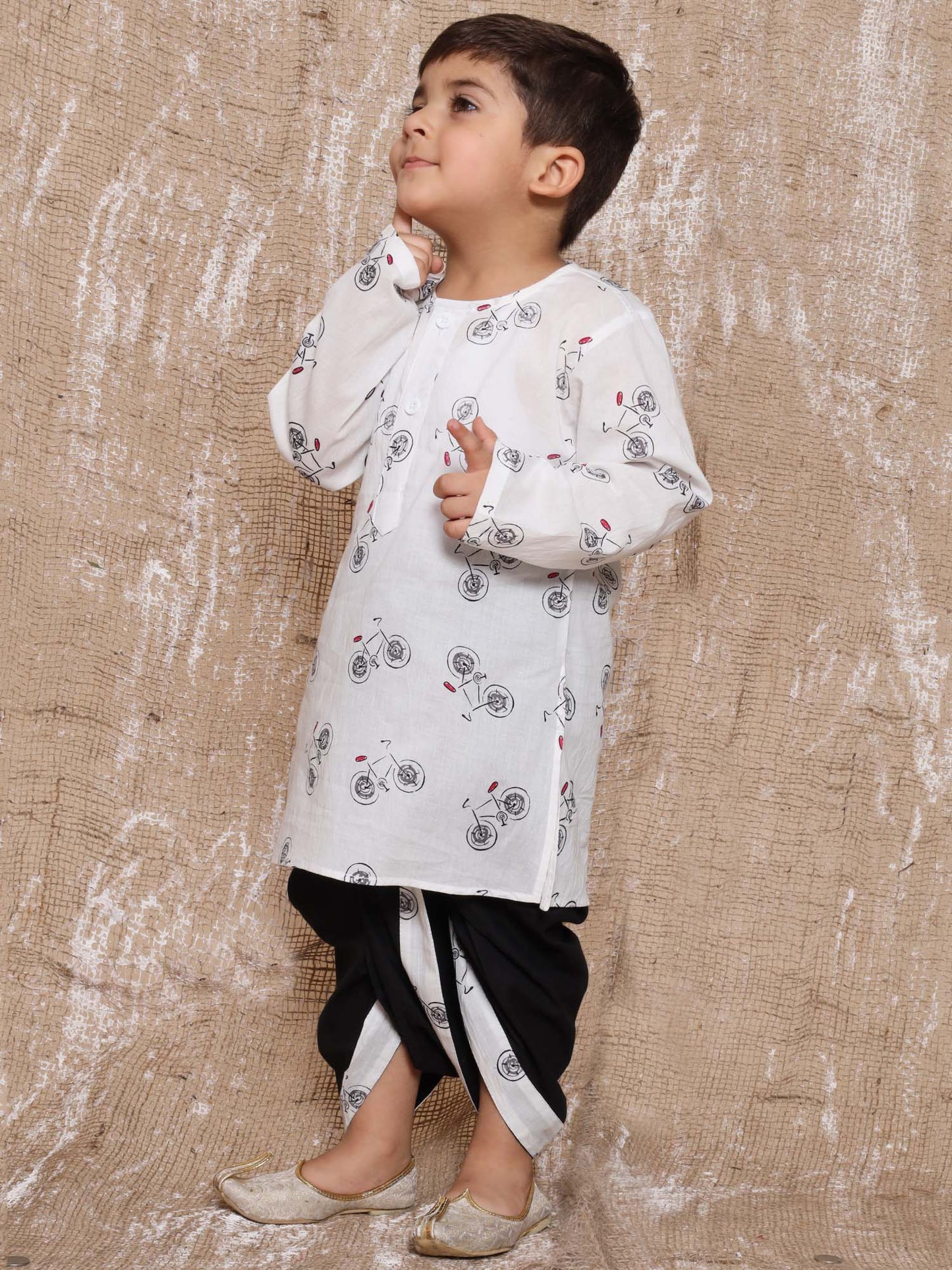Kids Boys Black Cycle Print Pure Cotton Dhoti Set