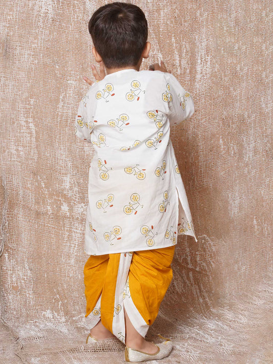 Kids Boys Yellow Cycle Print Pure Cotton Dhoti Set