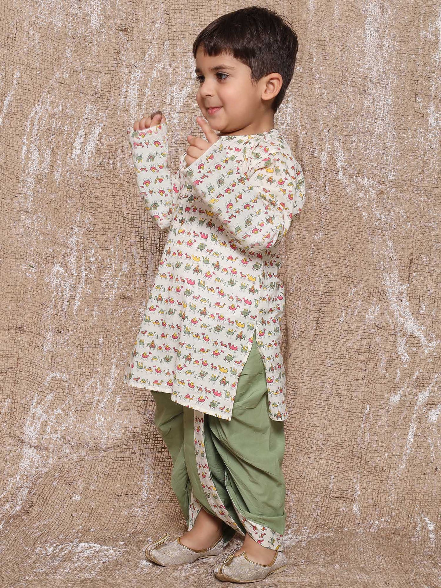 Kids Boys Green Animal Print Pure Cotton Dhoti Set