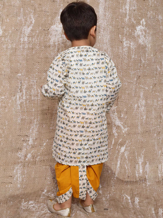 Kids Boys Yellow Animal Print Pure Cotton Dhoti Set