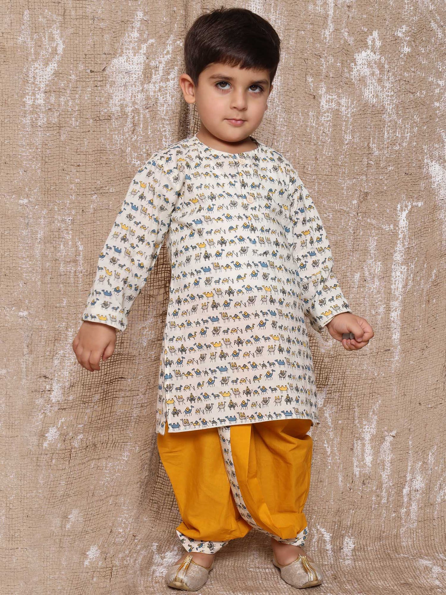 Kids Boys Yellow Animal Print Pure Cotton Dhoti Set