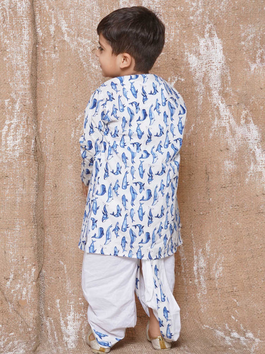 Kids Boys Blue Animal Print Pure Cotton Dhoti Set