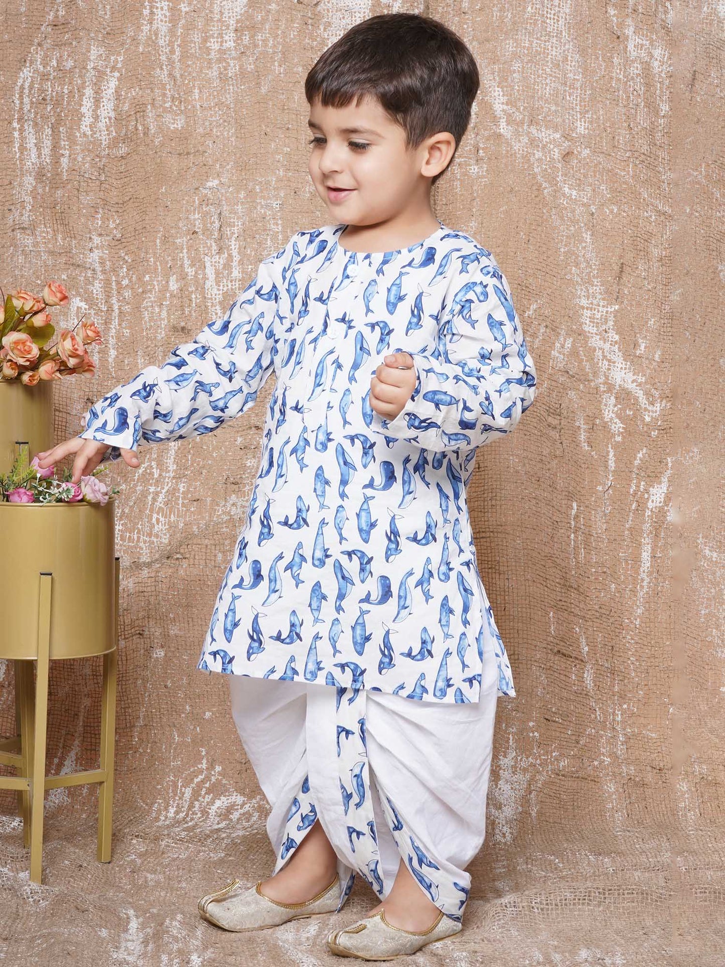 Kids Boys Blue Animal Print Pure Cotton Dhoti Set