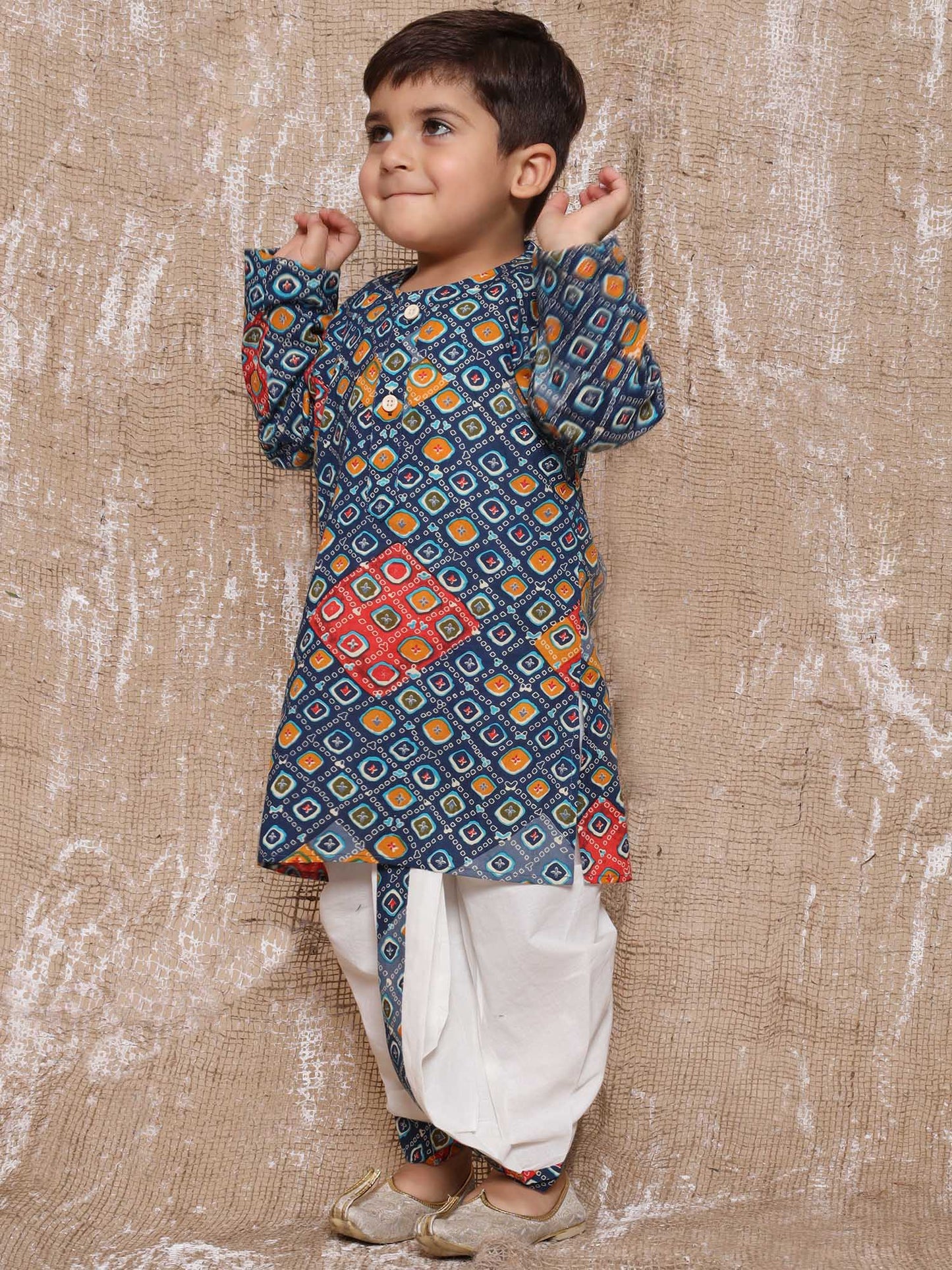 Kids Boys Blue Bandhani Print Pure Cotton Dhoti Set
