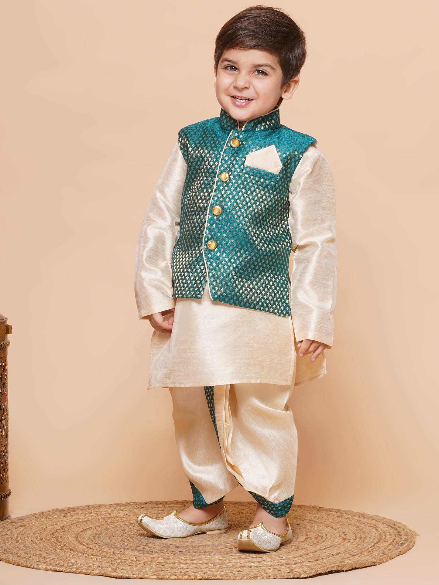 Kids Boys Green Solid Raw Silk Dhoti Set