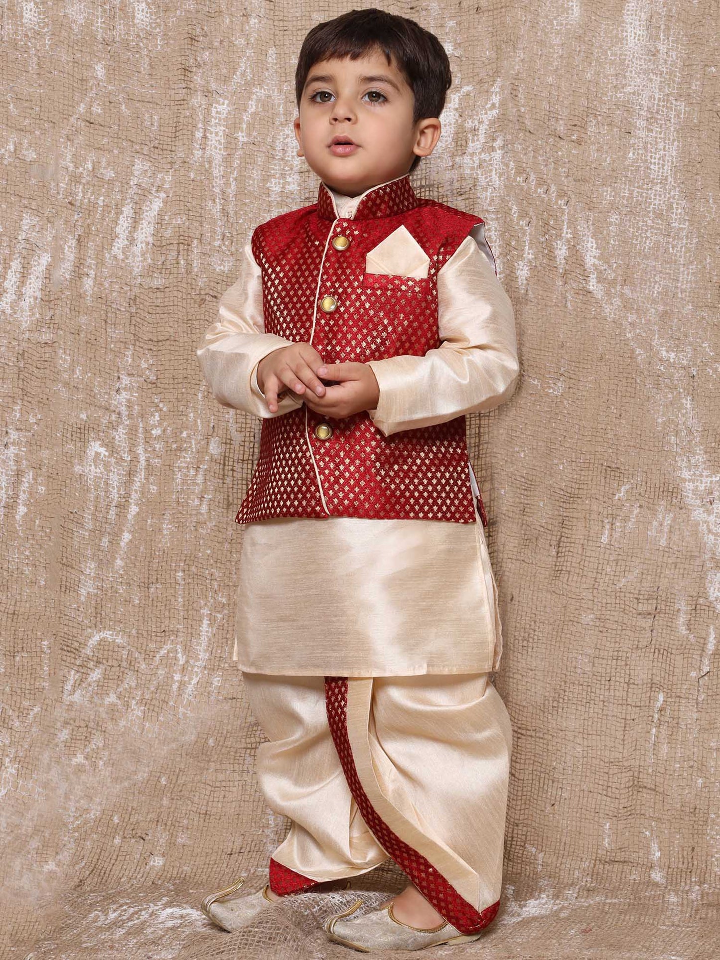 Kids Boys Maroon Solid Raw Silk Dhoti Set