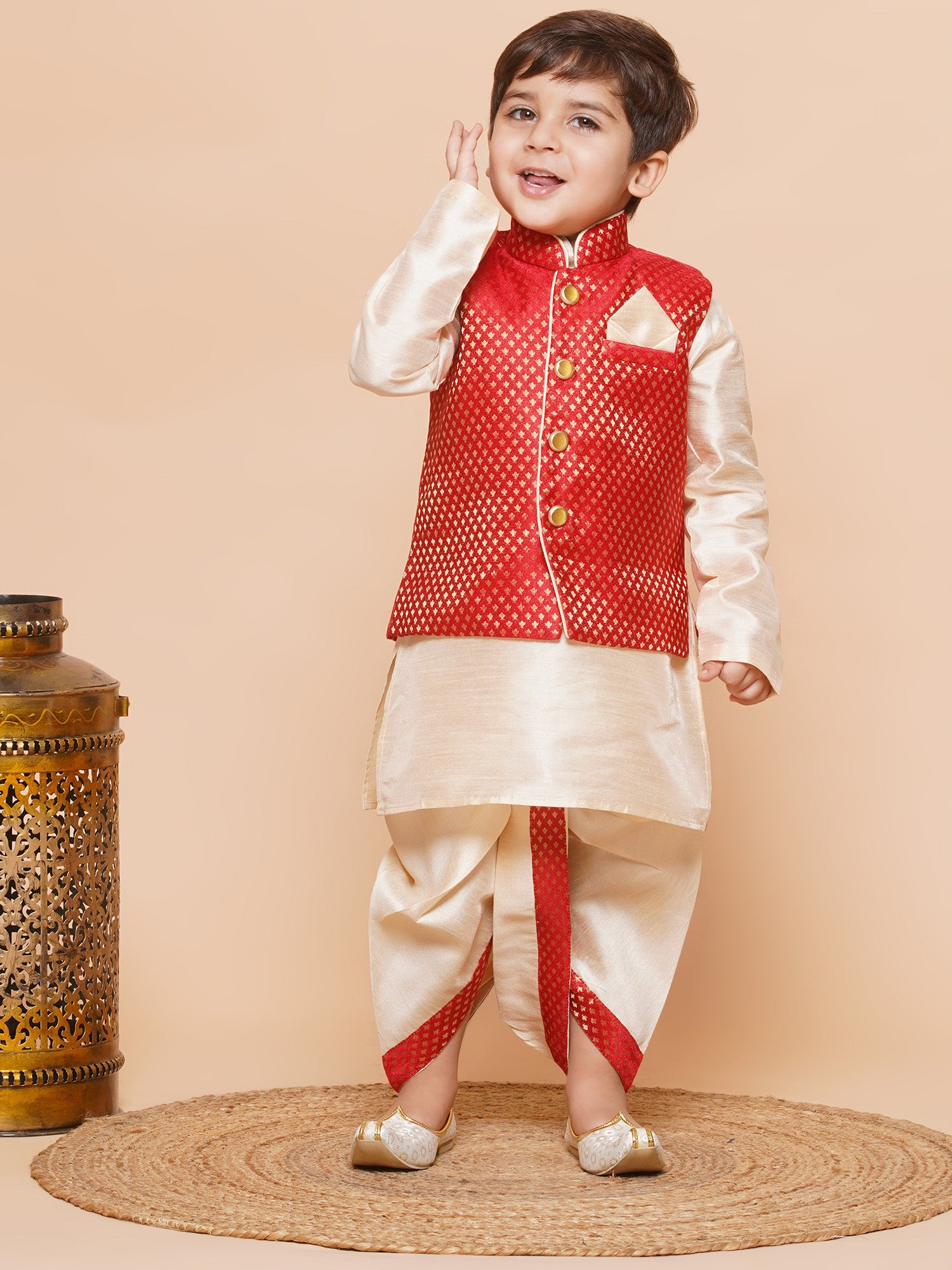 Kids Boys Red Solid Raw Silk Dhoti Set