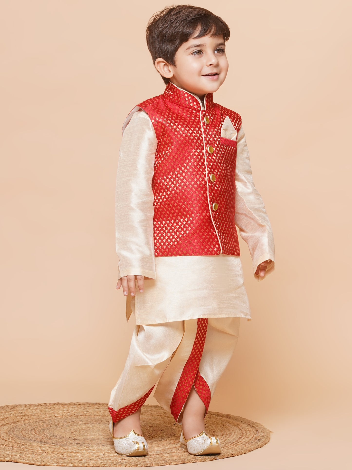 Kids Red Raw Silk Dhoti Kurta Set For Boys With Waistcoat