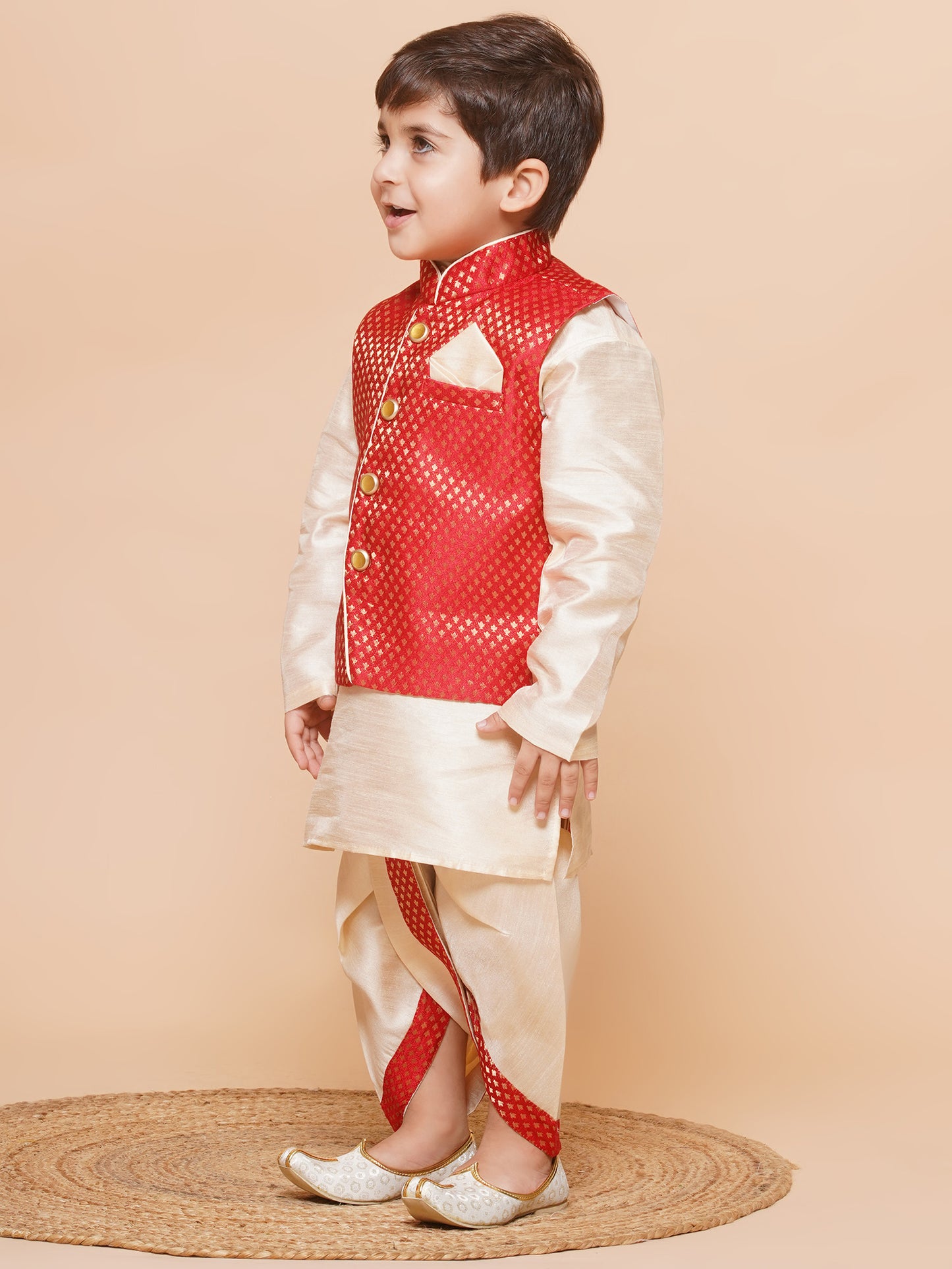 Kids Boys Red Solid Raw Silk Dhoti Set