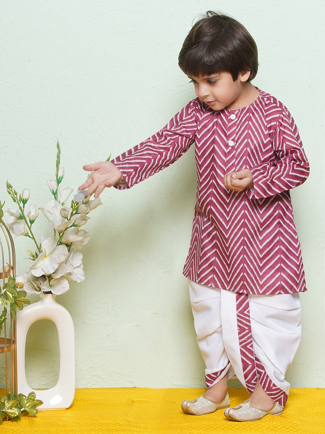 Kids Boys Maroon Zig Zag Pure Cotton Dhoti Set