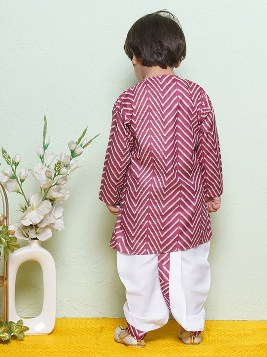 Kids Boys Maroon Zig Zag Pure Cotton Dhoti Set