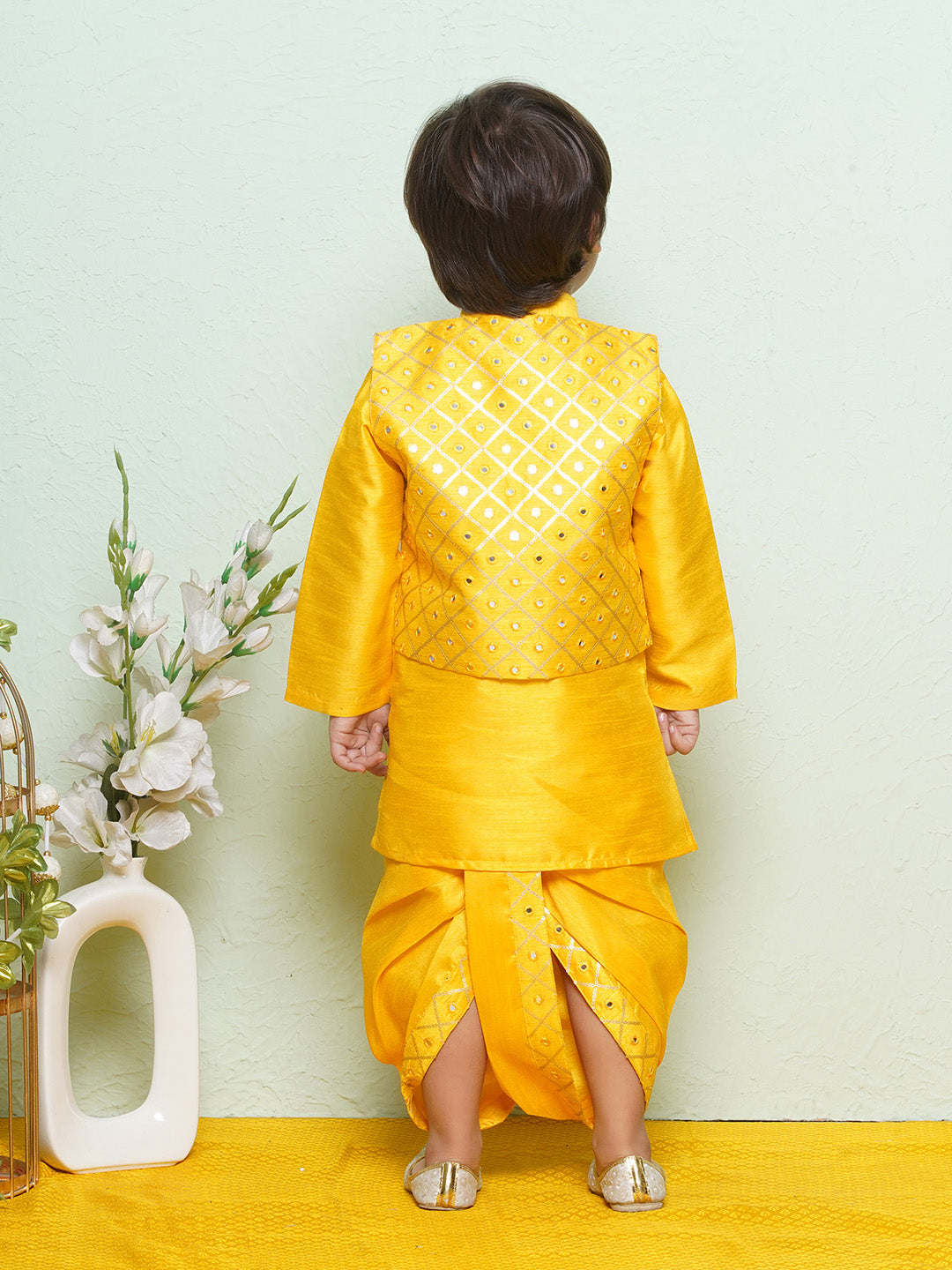 Kids Boys Mustard Mirror Embroidery Cotton Blend Dhoti Set