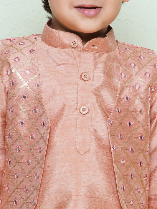 Kids Boys Peach Mirror Embroidery Cotton Blend Dhoti Set