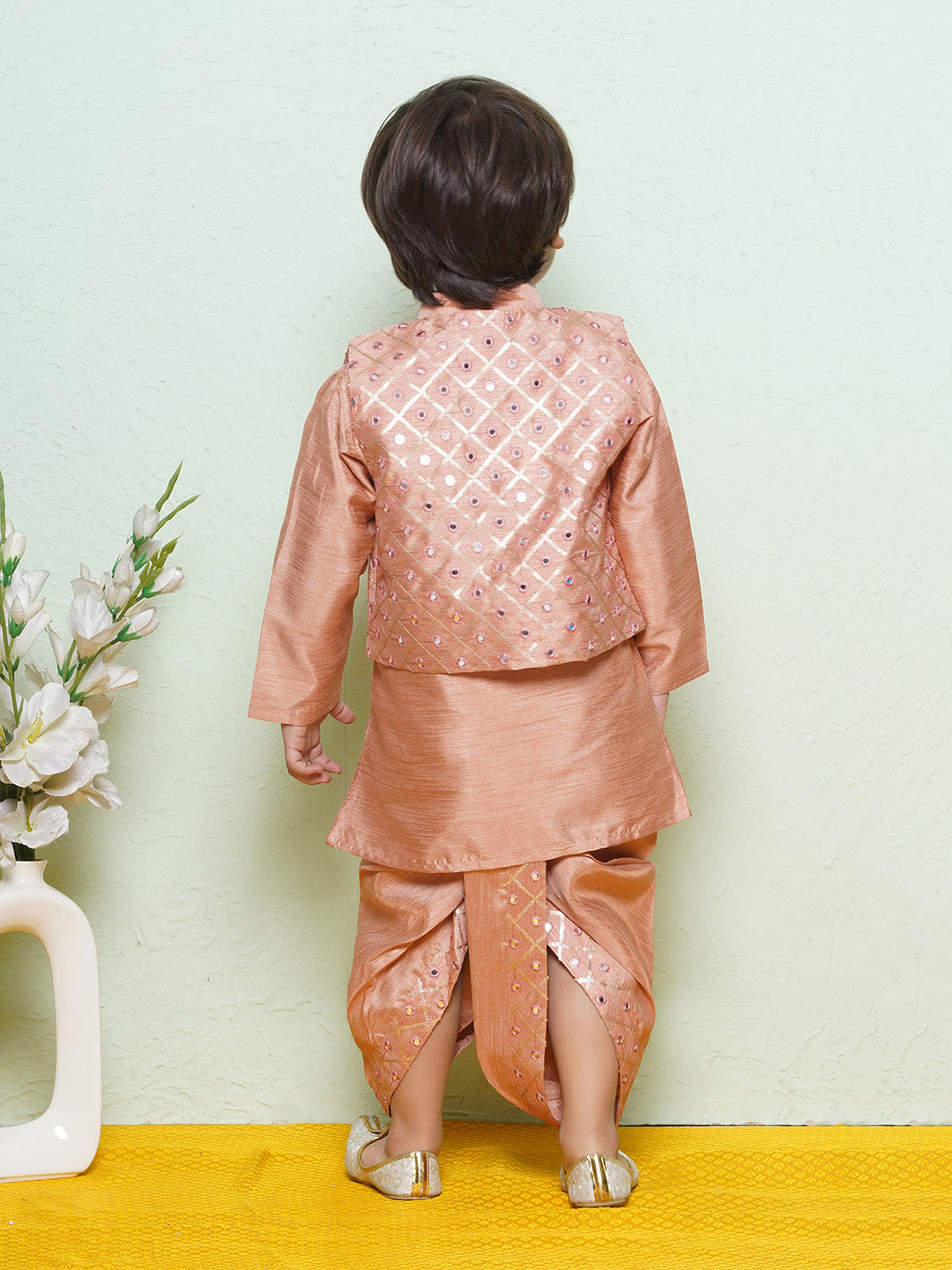 Kids Boys Peach Mirror Embroidery Cotton Blend Dhoti Set