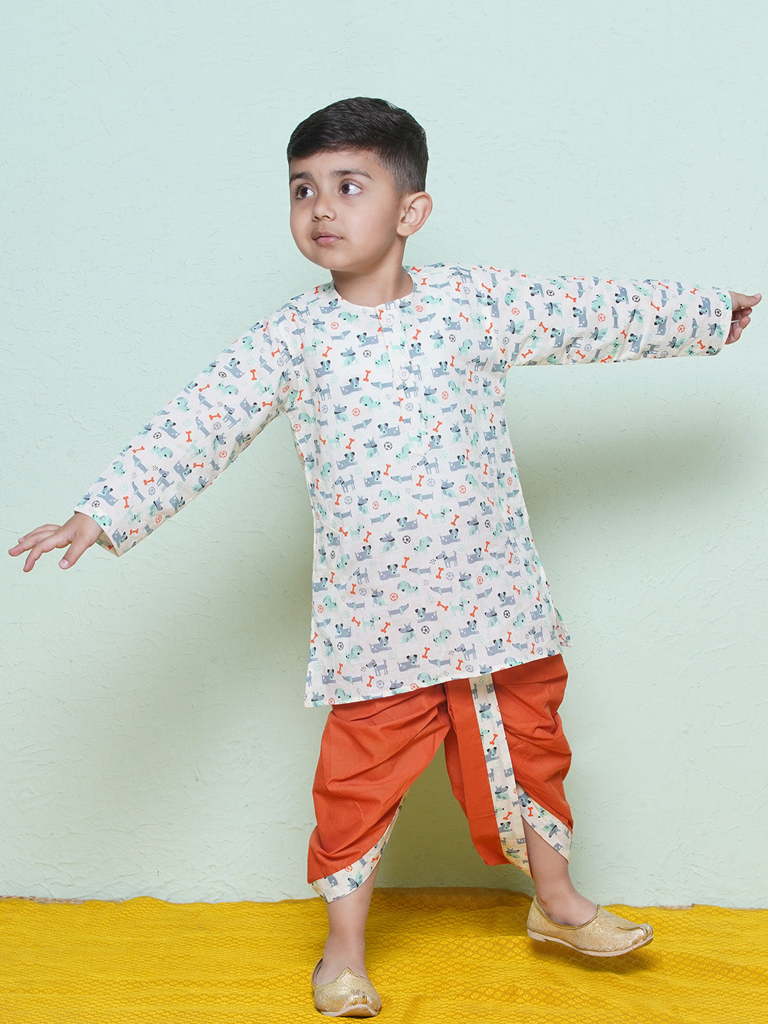 Kids Boys Rust Animal Print Cotton Dhoti Set
