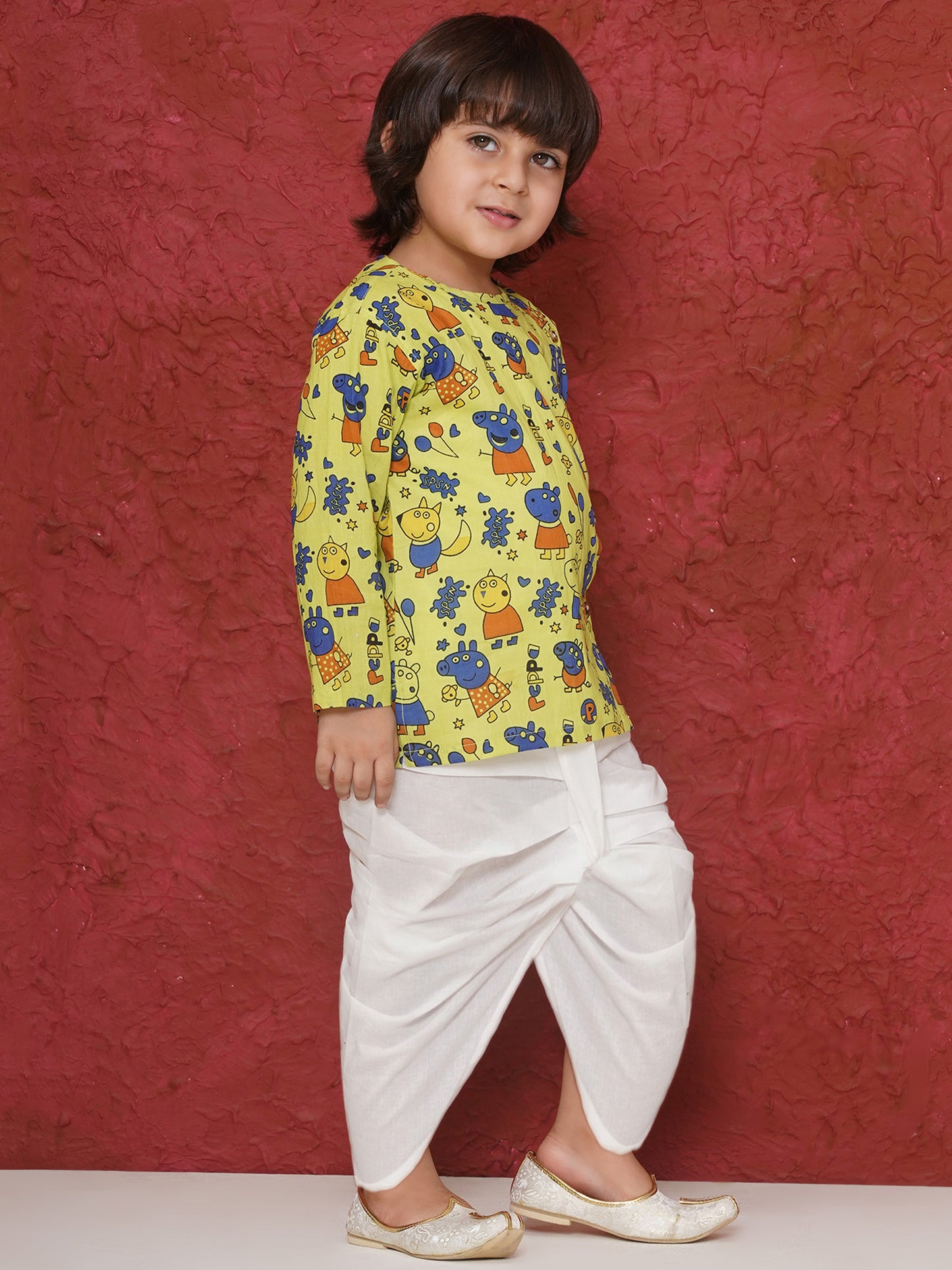 Aj Dezines Lime Cotton Full Sleeves Pepa Cartoon Print Dhoti Set For Boys