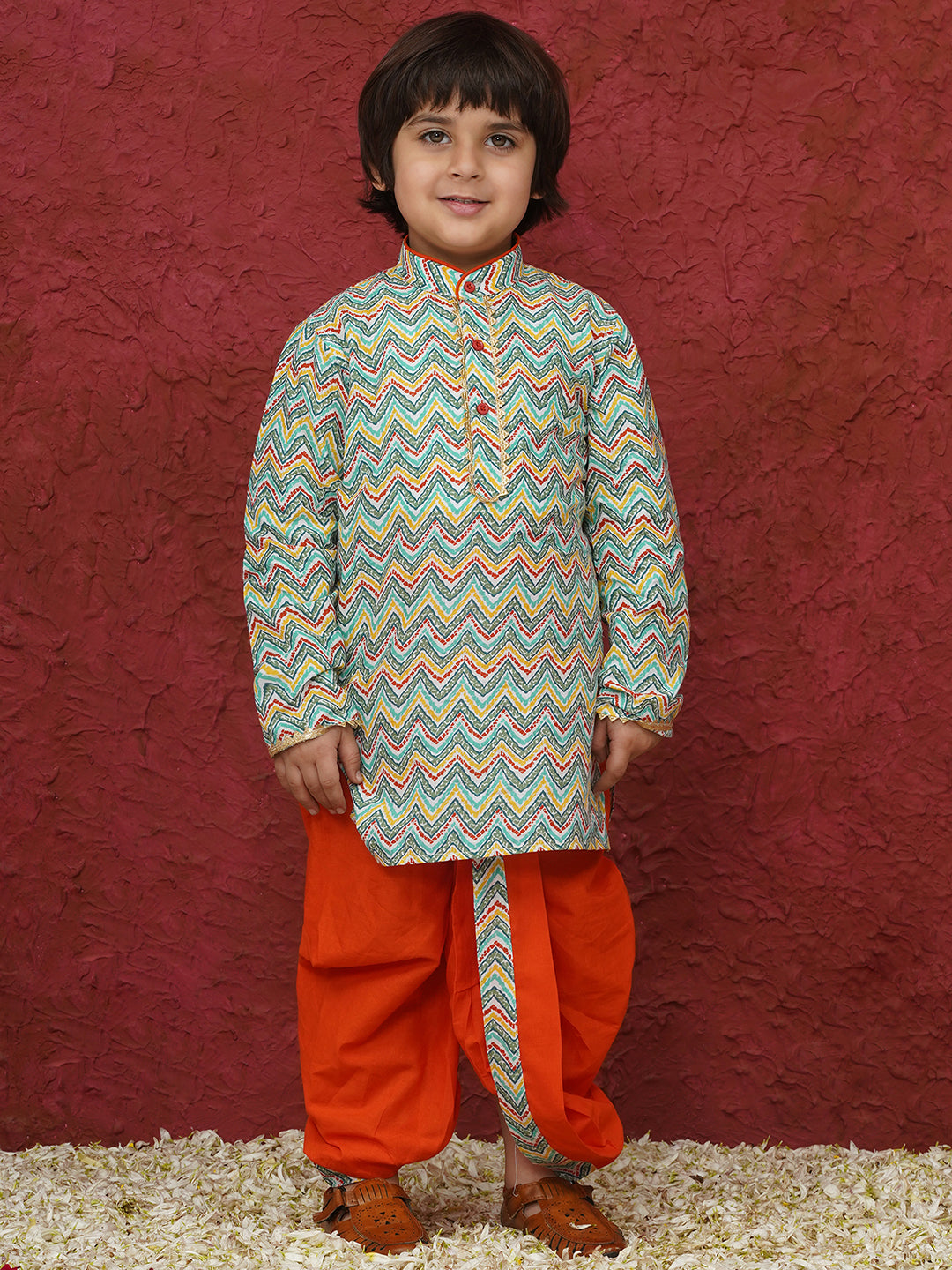 Aj Dezines Orange Cotton Full sleeves Zig-zag print Dhoti Kurta for Boys