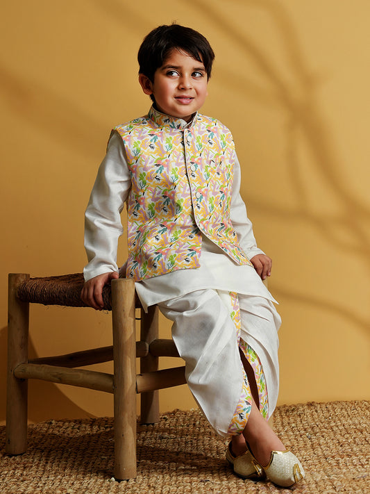 AJ Dezines Yellow Cotton Full Sleeves Printed Dhoti Set