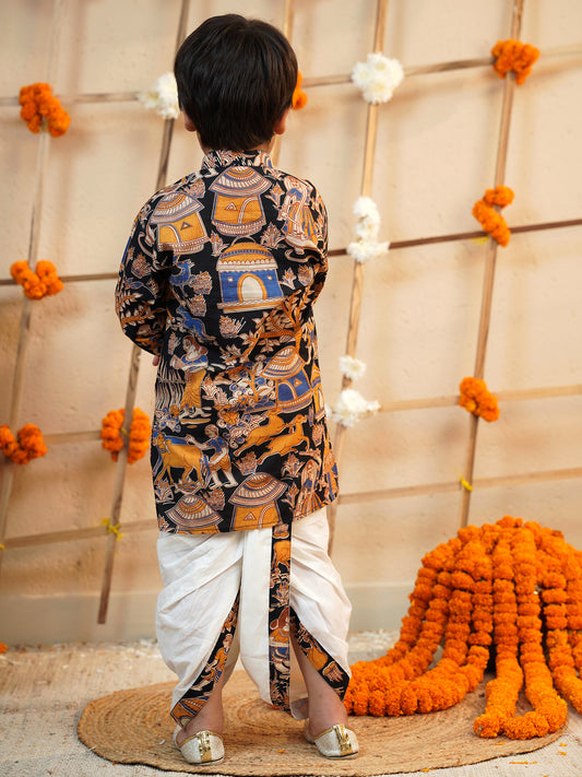 Boys Black Cotton Full Sleeves Abstract Printed Dhoti Set