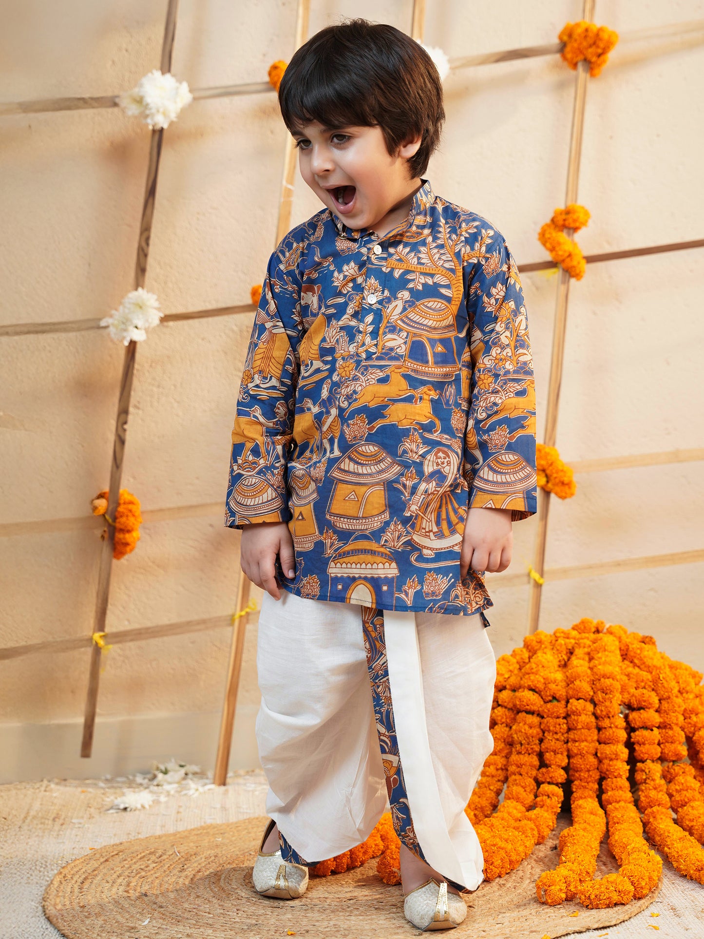Boys Orange Cotton Full Sleeves Abstract Printed Dhoti Set