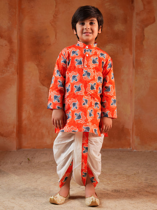 Boys Orange Cotton Full Sleeves Floral Printed Dhoti Set