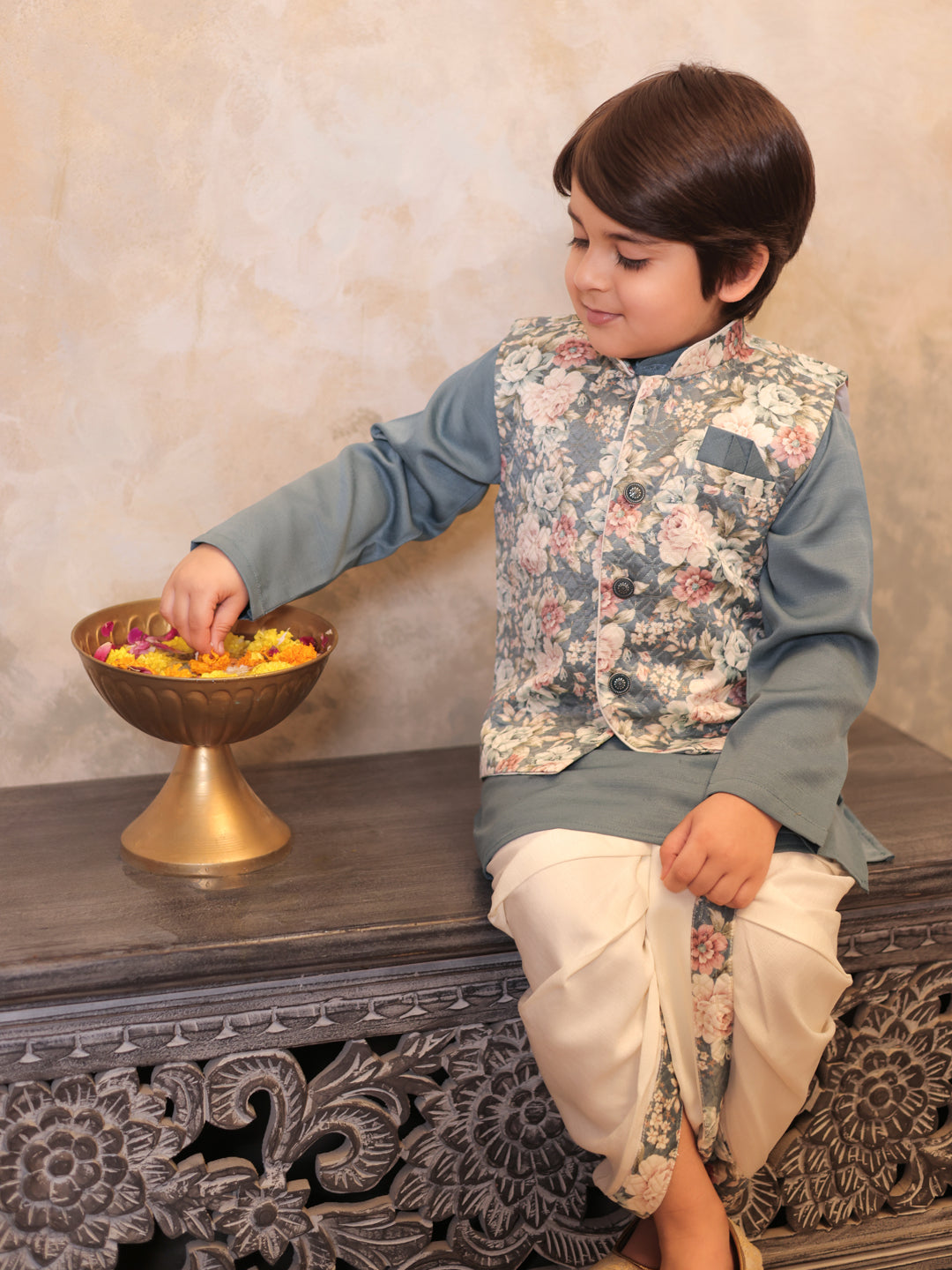 AJ Dezines Grey Cotton Full Sleeves Floral Printed Dhoti Set