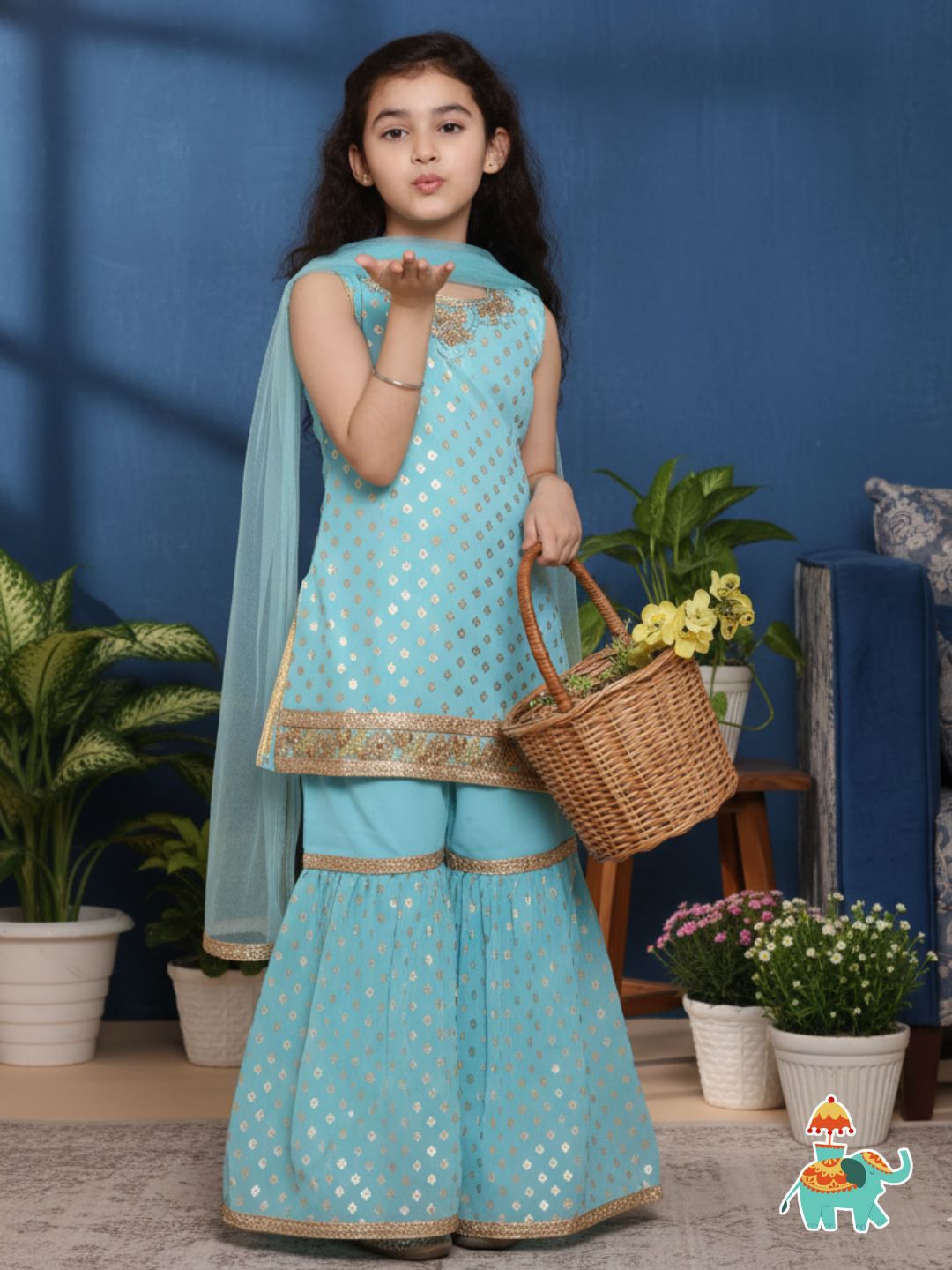 Girls Firozi Foil Print Georgette Sharara for Kids
