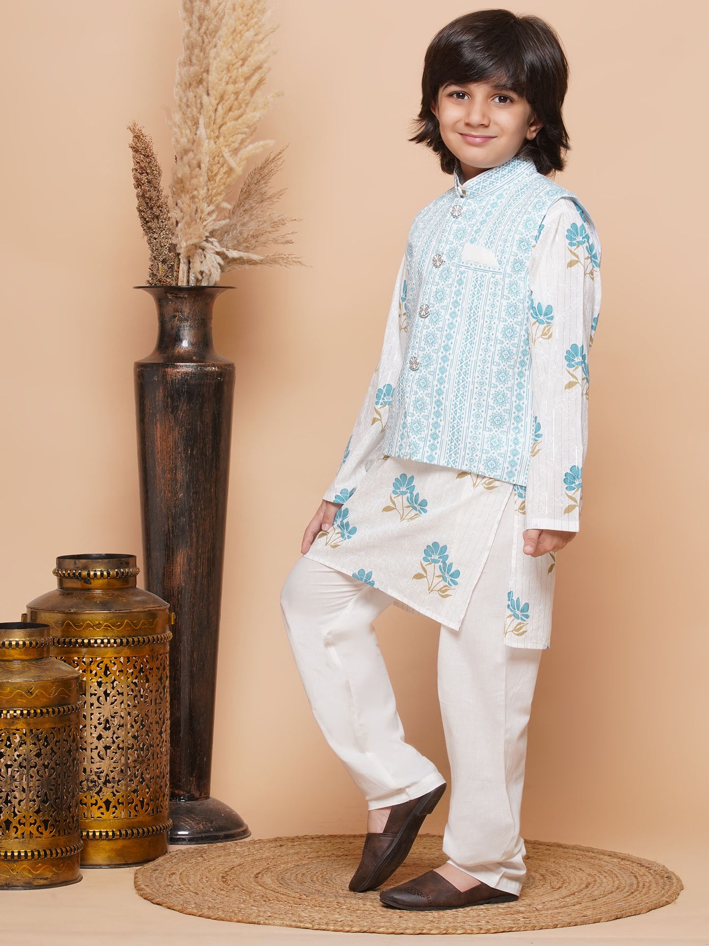 Kids Boys Blue Floral Print Cotton Suit Set