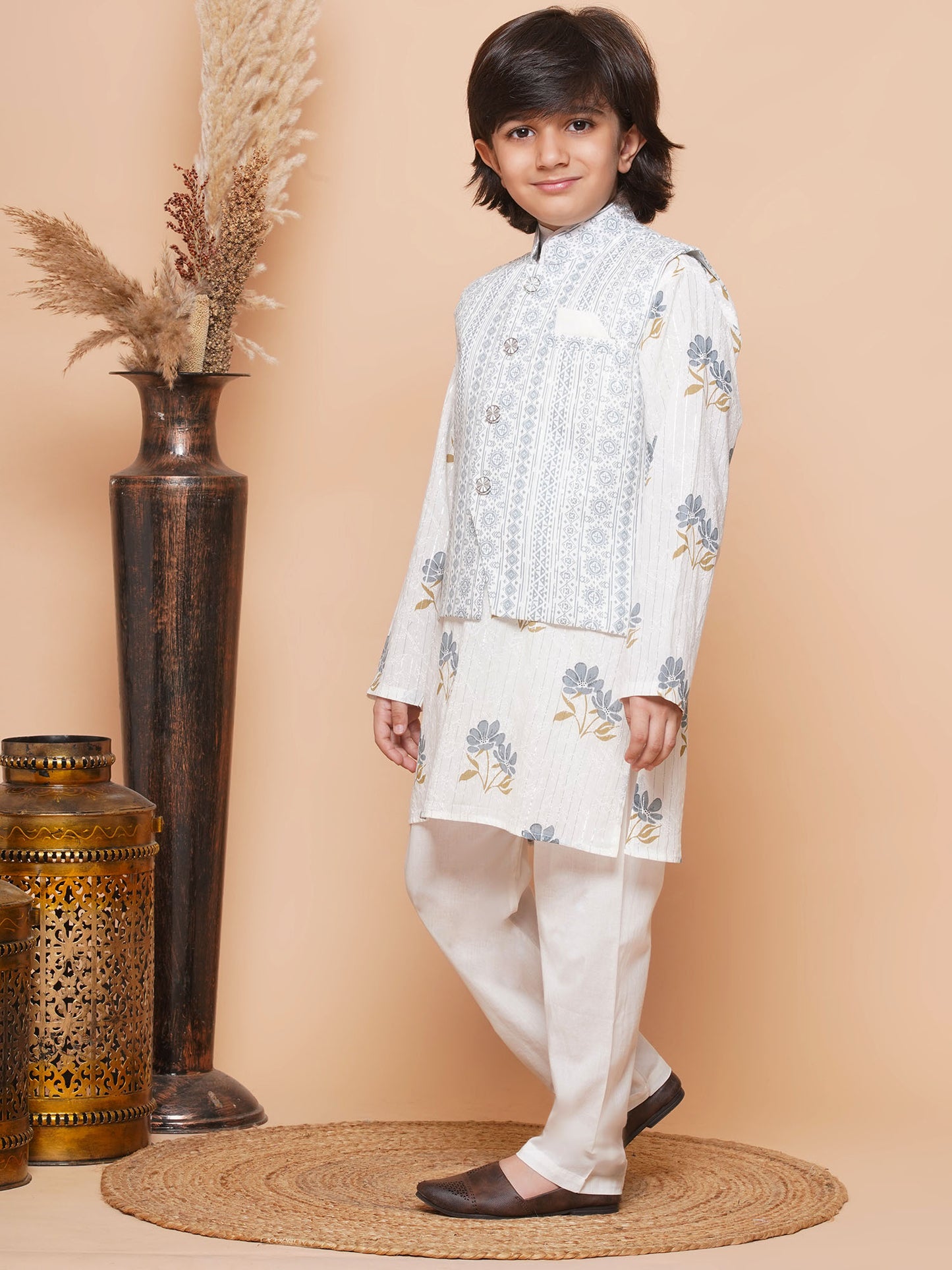 Kids Boys Grey Floral Print Cotton Suit Set