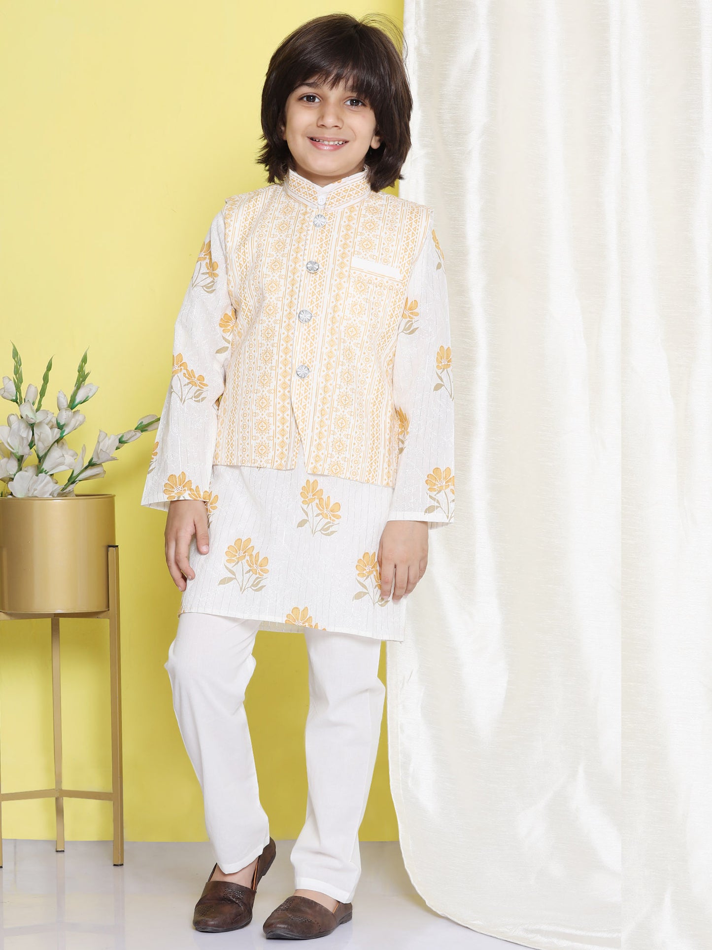 Kids Boys Yellow Floral Print Cotton Suit Set