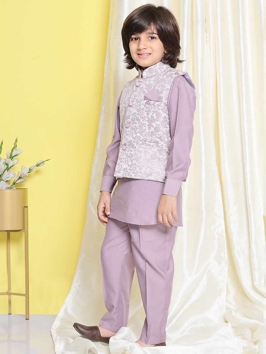 Kids Boys Purple Solid Cotton Blend Suit Set