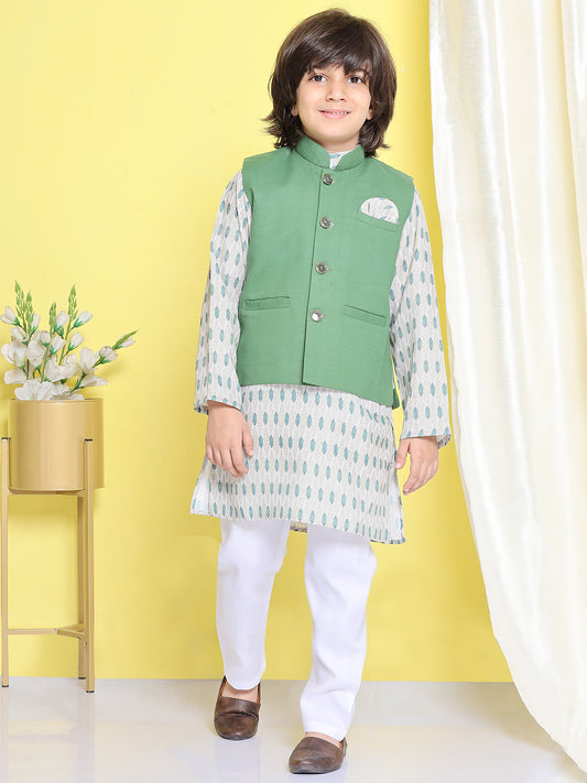 Kids Boys Green Printed Cotton Suit Set
