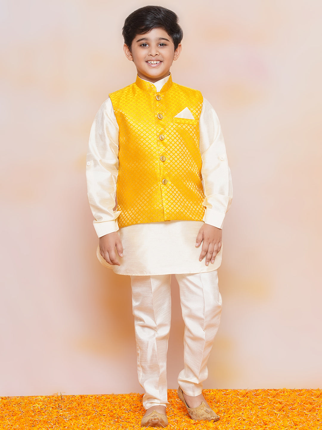 Kids Boys Mustard Printed Jacquard Suit Set