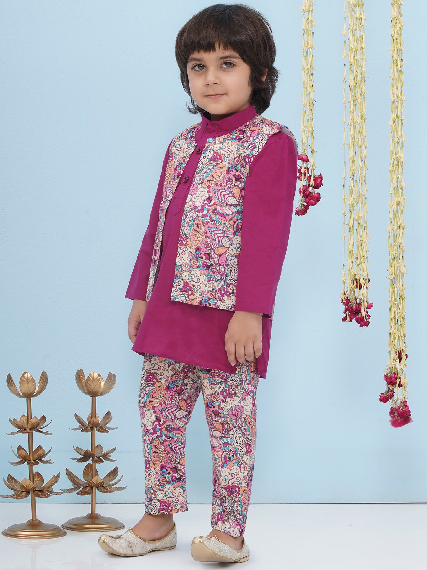 Aj Dezines Purple Cotton Full Sleeves Floral Printed Kurta Pyjama With Waist Coat For Boys