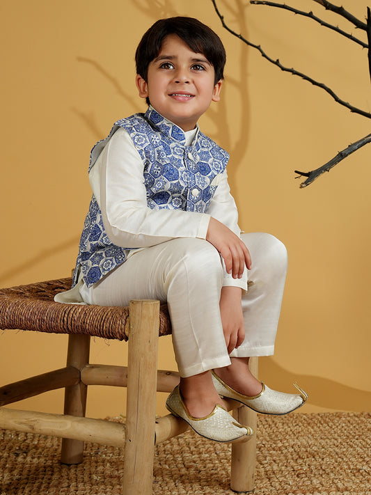 AJ Dezines Blue Silk Blend Full Sleeves Printed Kurta Pyjama WaistCoat Set
