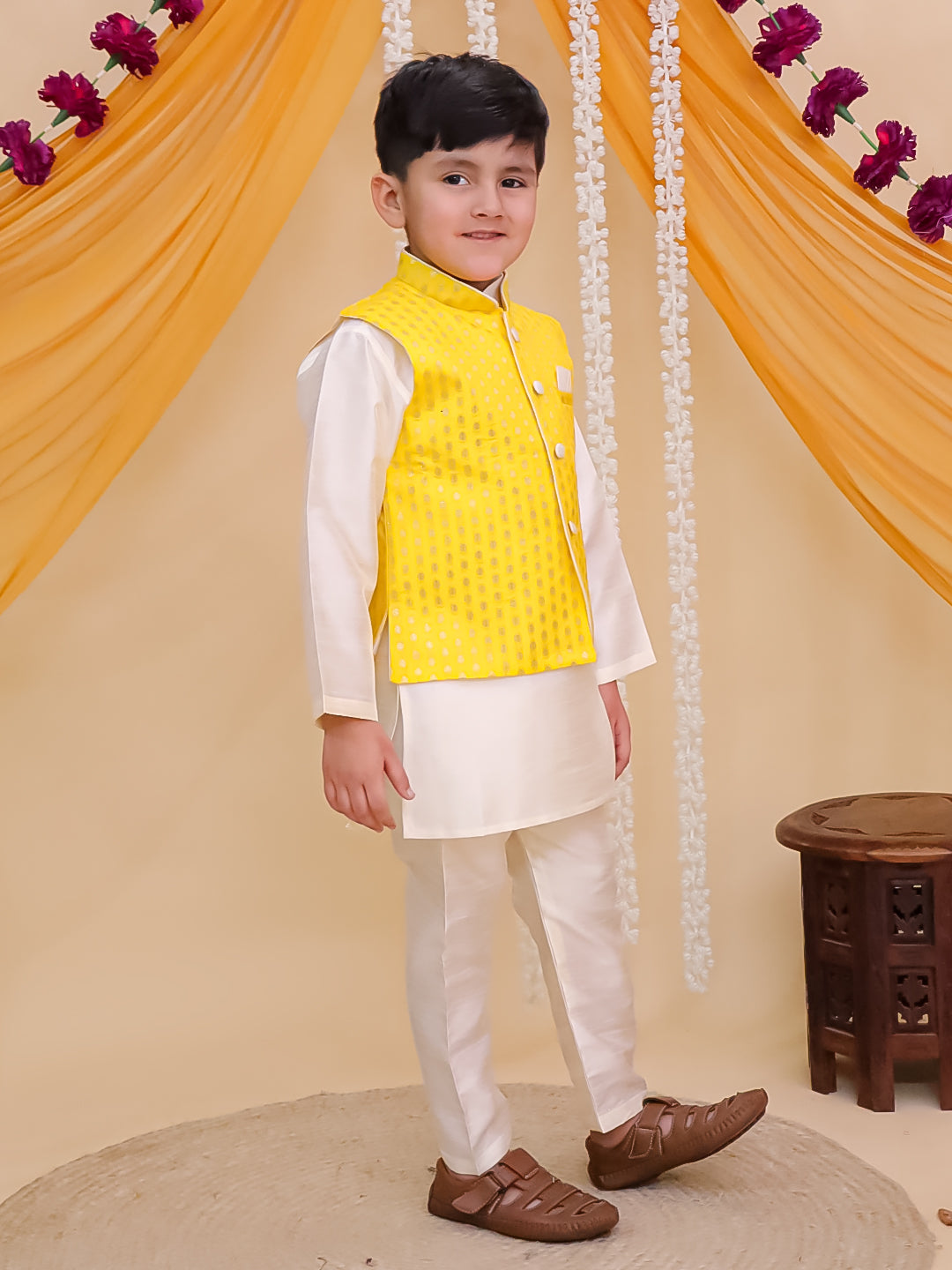 Yellow Brocade Full sleeves Small Motif Kurta Pyjama Waistcoat for Boys
