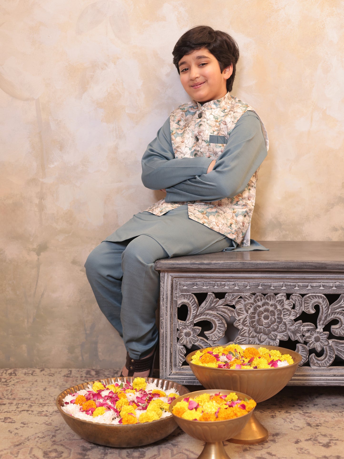 Boys Grey Cotton Blend Kurta Pyjama with Full Sleeves & Floral Print Waistcoat