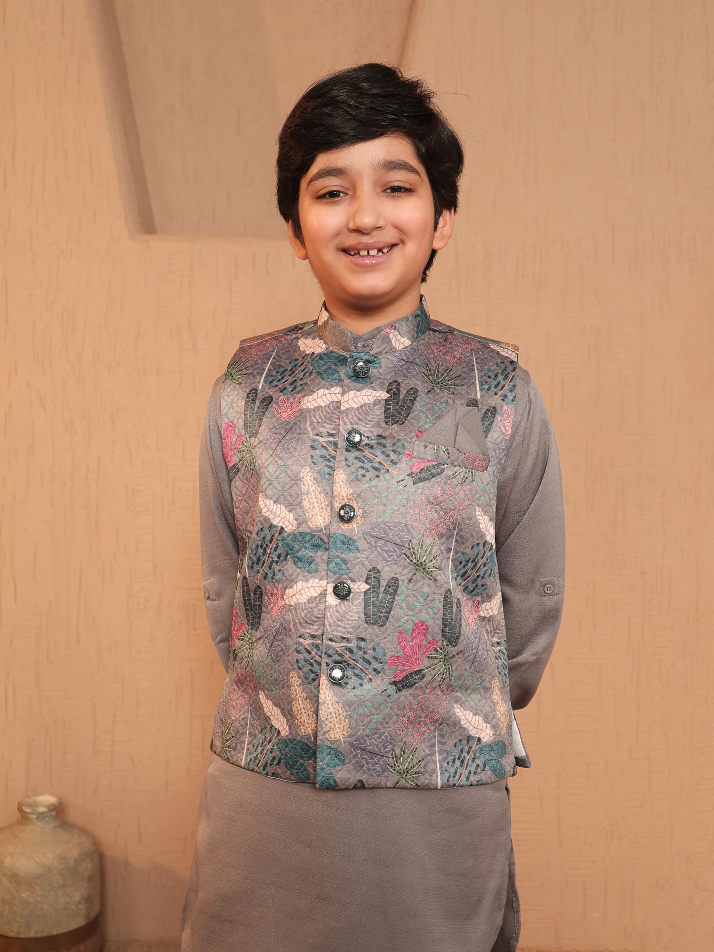 Boys Grey Cotton Blend Kurta Pyjama with Full Sleeves & Floral Print Waistcoat