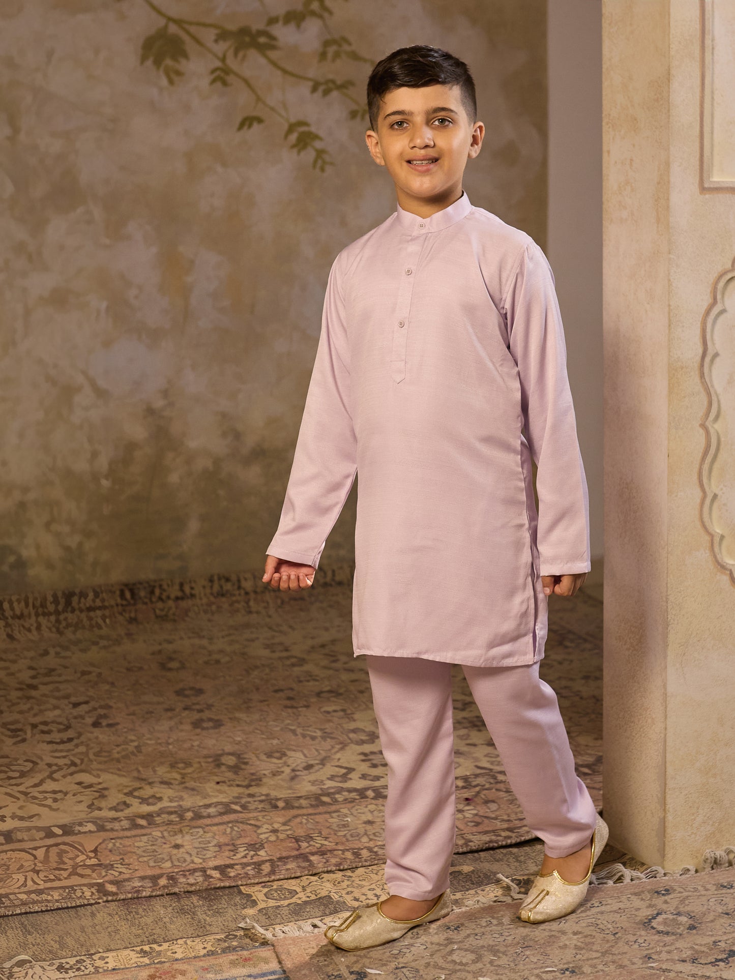 Boys Purple Cotton Blend Kurta Pyjama with Full Sleeves & Floral Print Waistcoat