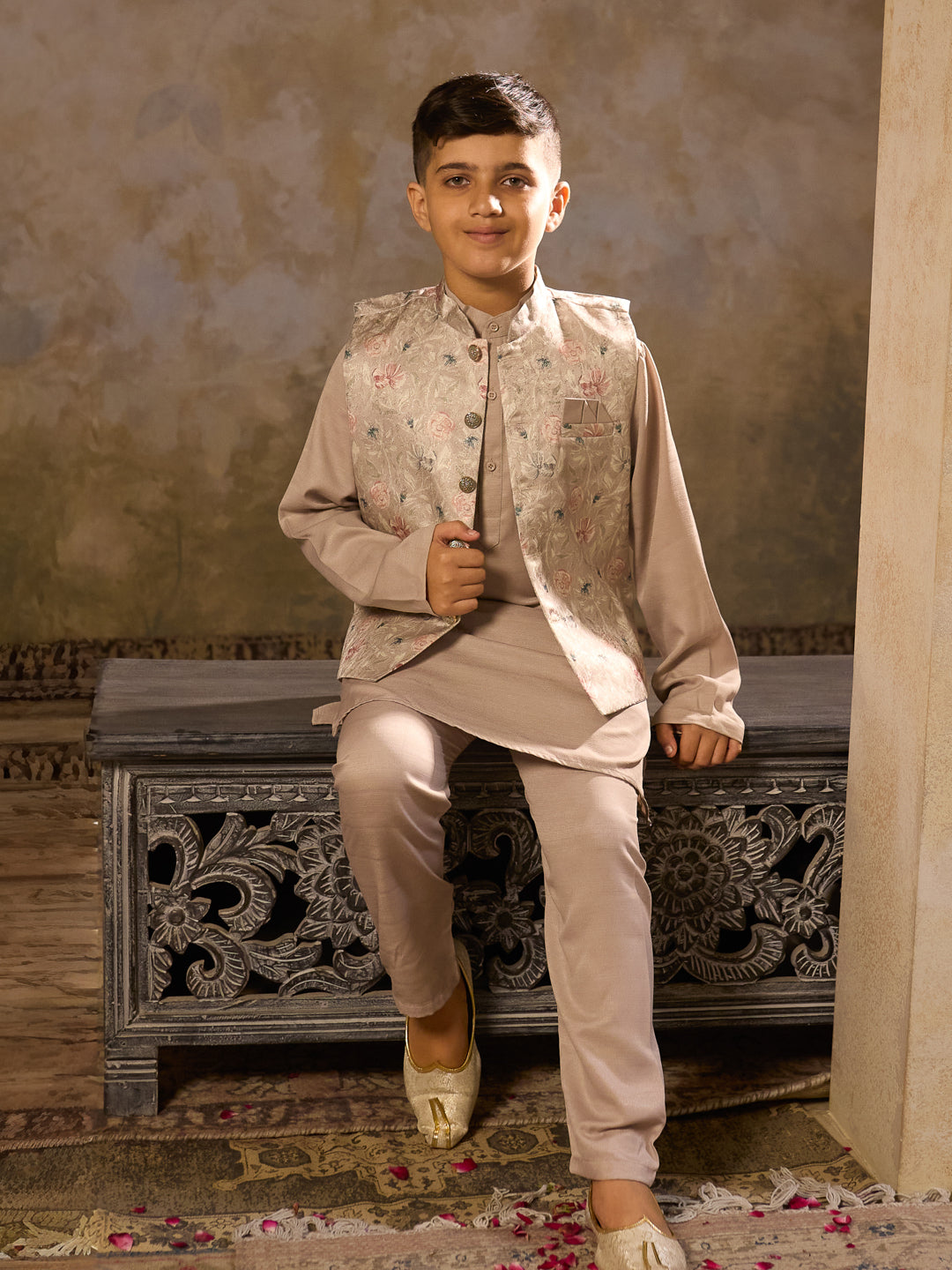 AJ Dezines Beige Cotton Blend Full sleeves Floral Printed Kurta Pyjama Waistcoat for Boys