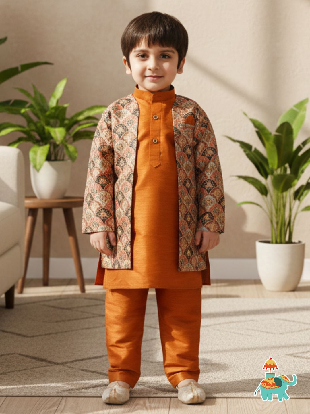 Kids Boys Rust Printed Silk Blend Sherwani