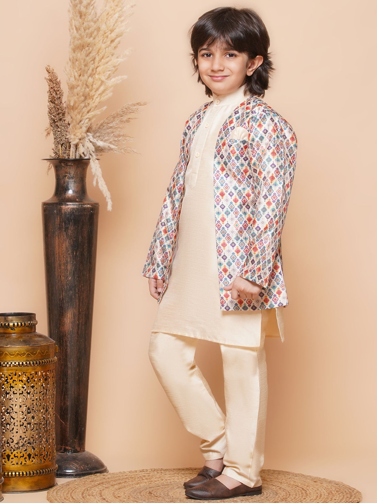 Kids Boys Fawn Printed Silk Blend Sherwani