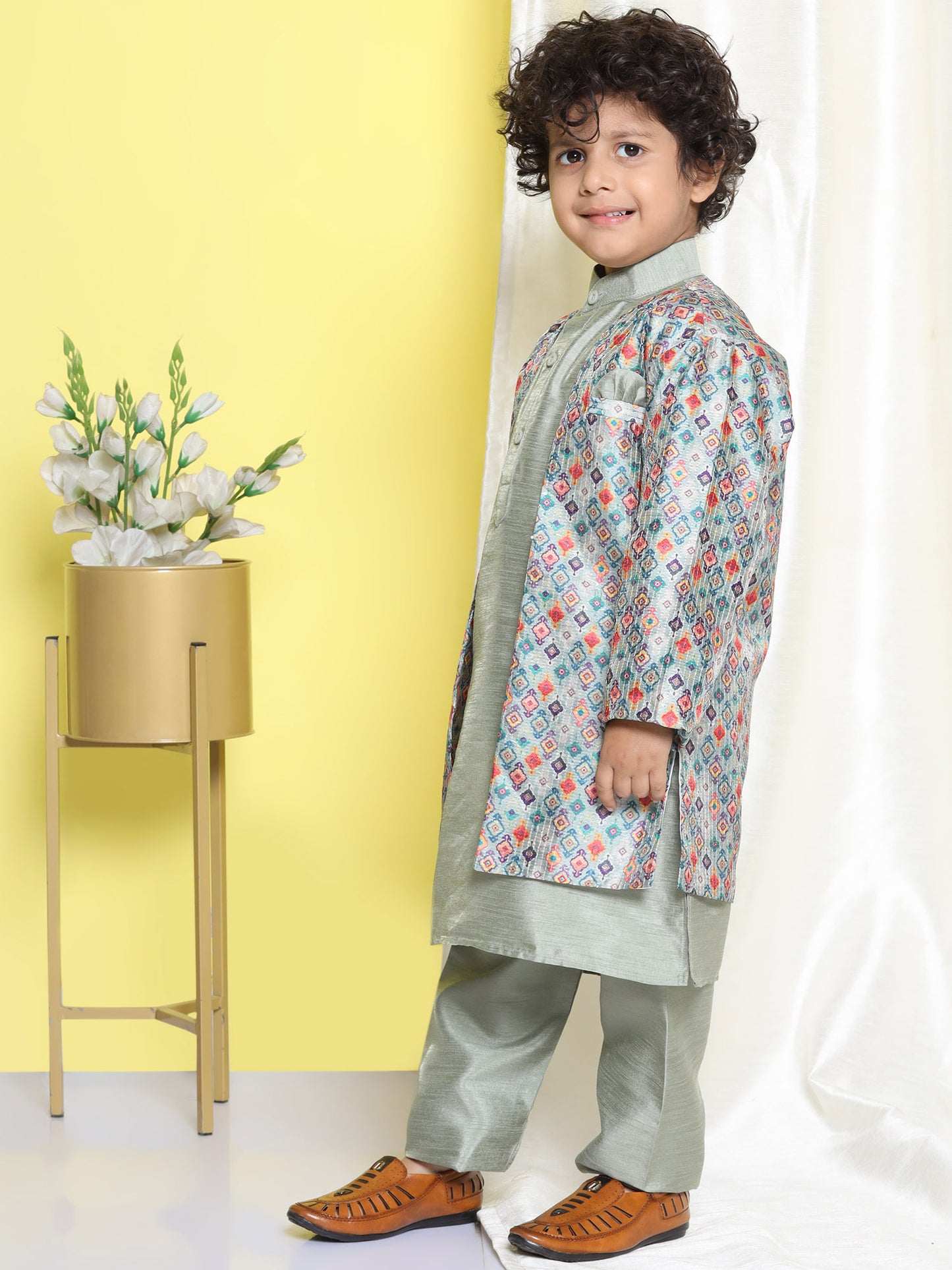 Kids Boys Pista Printed Silk Blend Sherwani