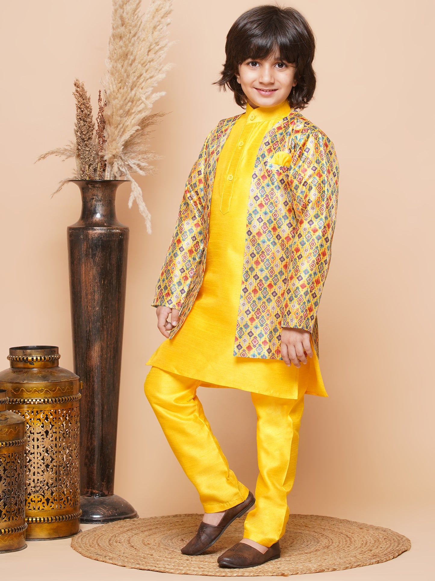 Kids Boys Yellow Printed Silk Blend Sherwani