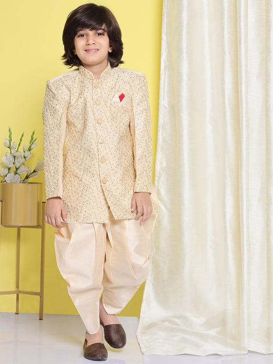 Boys Beige Silk Blend Embroidered Mandarin Collar Indo Western Set