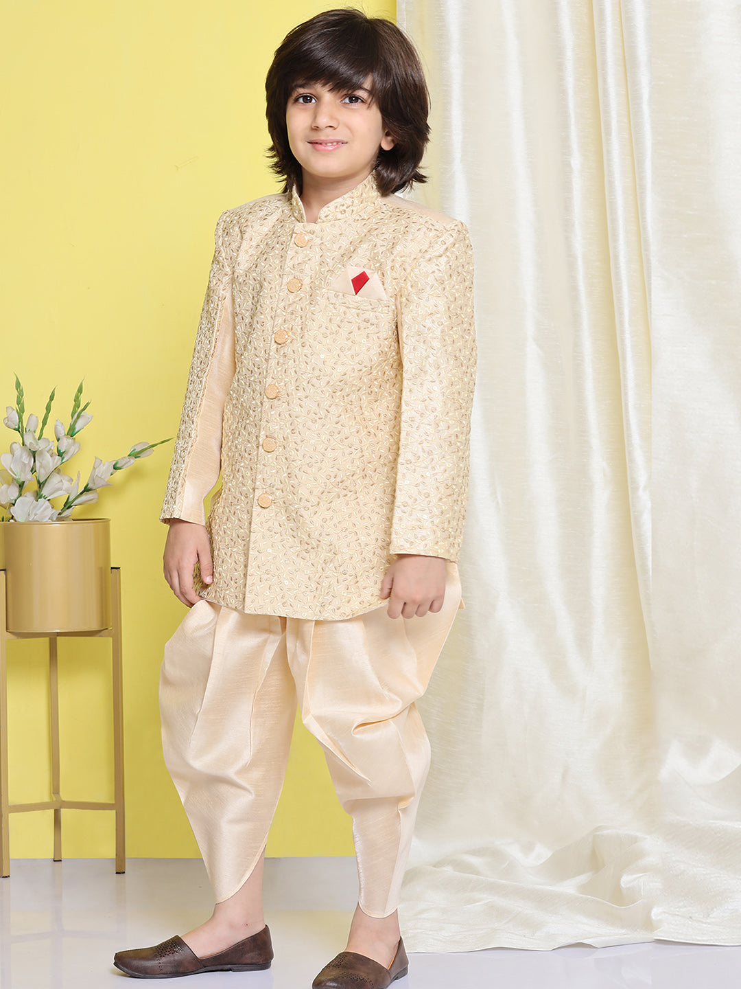 Kids Boys Beige Embroidered Silk Blend Sherwani